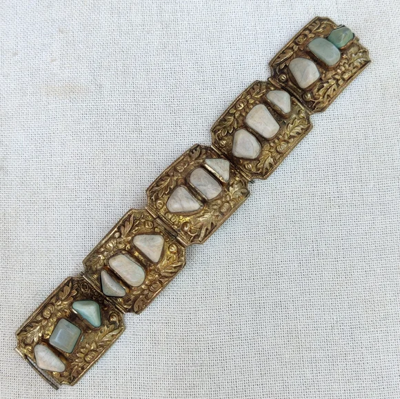 Antique Chinese Export stone panel bracelet with pin closure